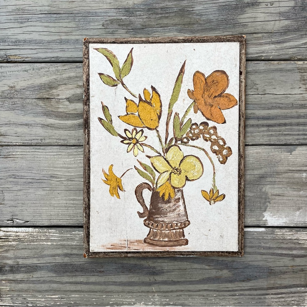Vintage Original Acrylic Textured Painting Still Life Flowers Floral MCM Folk